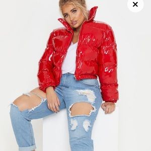 Plus Red Cropped Vinyl Puffer Jacket
